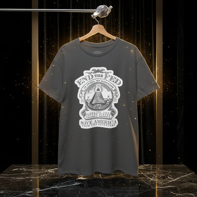 Gray t-shirt with a graphic design on a hanger against a white background