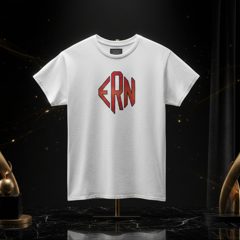 White t-shirt with red 'ERN' logo on a white background