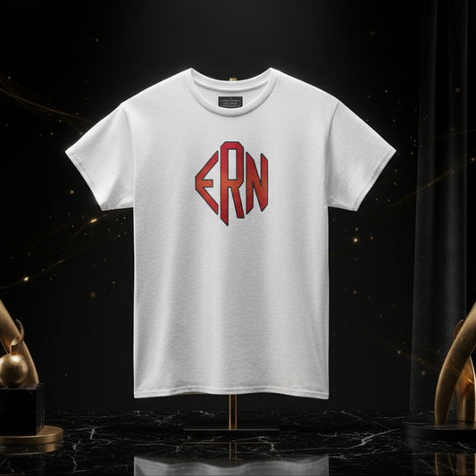 White t-shirt with red 'ERN' logo on a white background