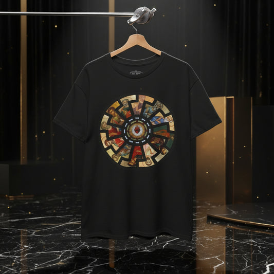 Black t-shirt with a colorful circular design on a hanger against a white background