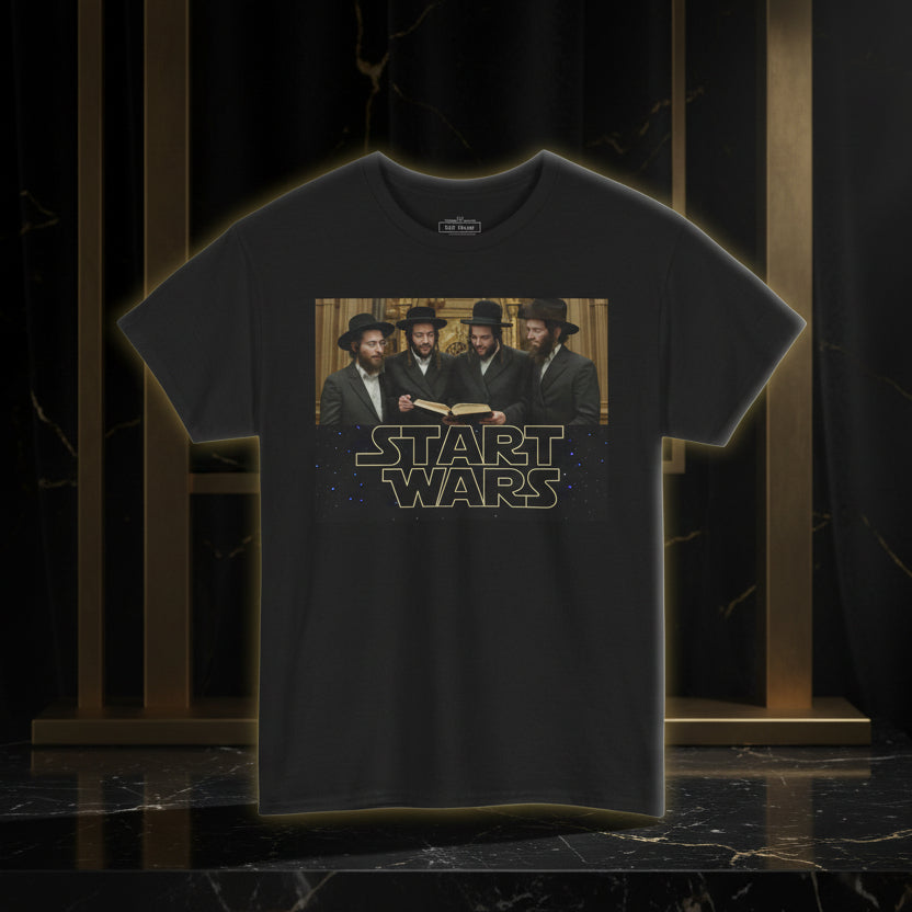 Black t-shirt with 'Star Wars' graphic featuring four men in suits on a white background