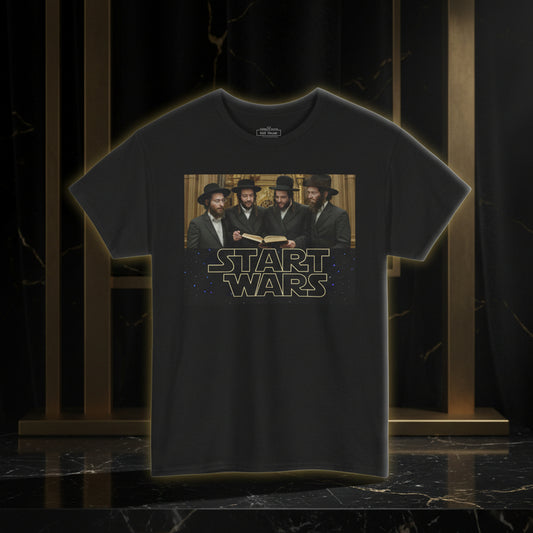 Black t-shirt with 'Star Wars' graphic featuring four men in suits on a white background