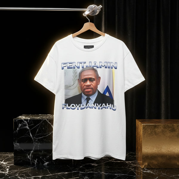 White t-shirt with a graphic of a man and text on a white background