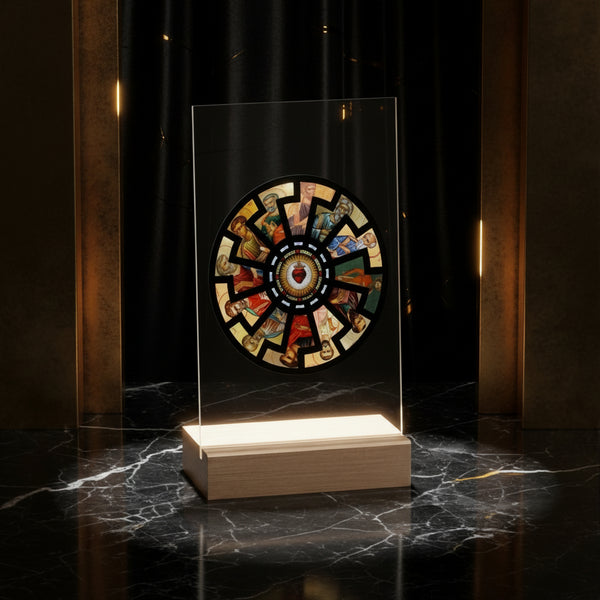 Decorative circular design with colorful figures on a clear stand with wooden base against a white background