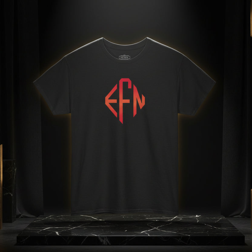 Black t-shirt with red monogram on a white background