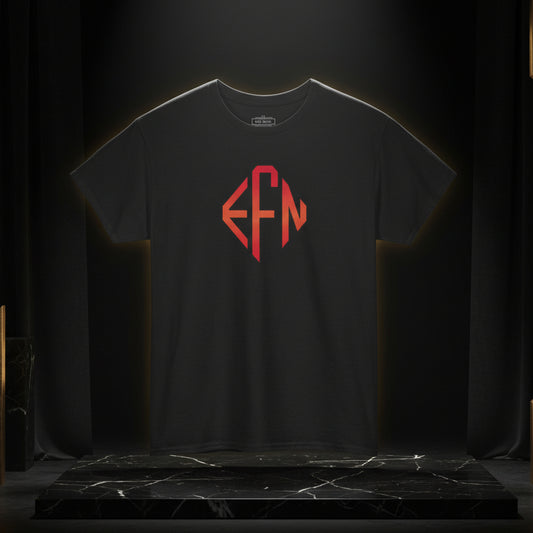 Black t-shirt with red monogram on a white background