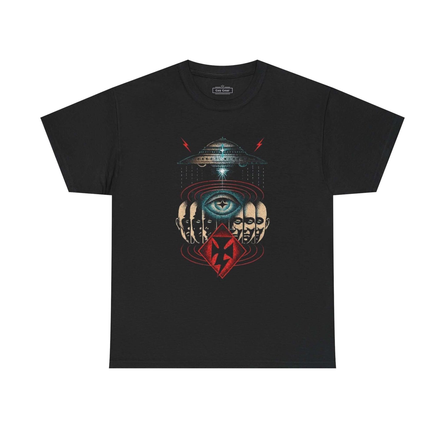 Black t-shirt with a graphic design featuring an eye, hand, and UFO on a white background
