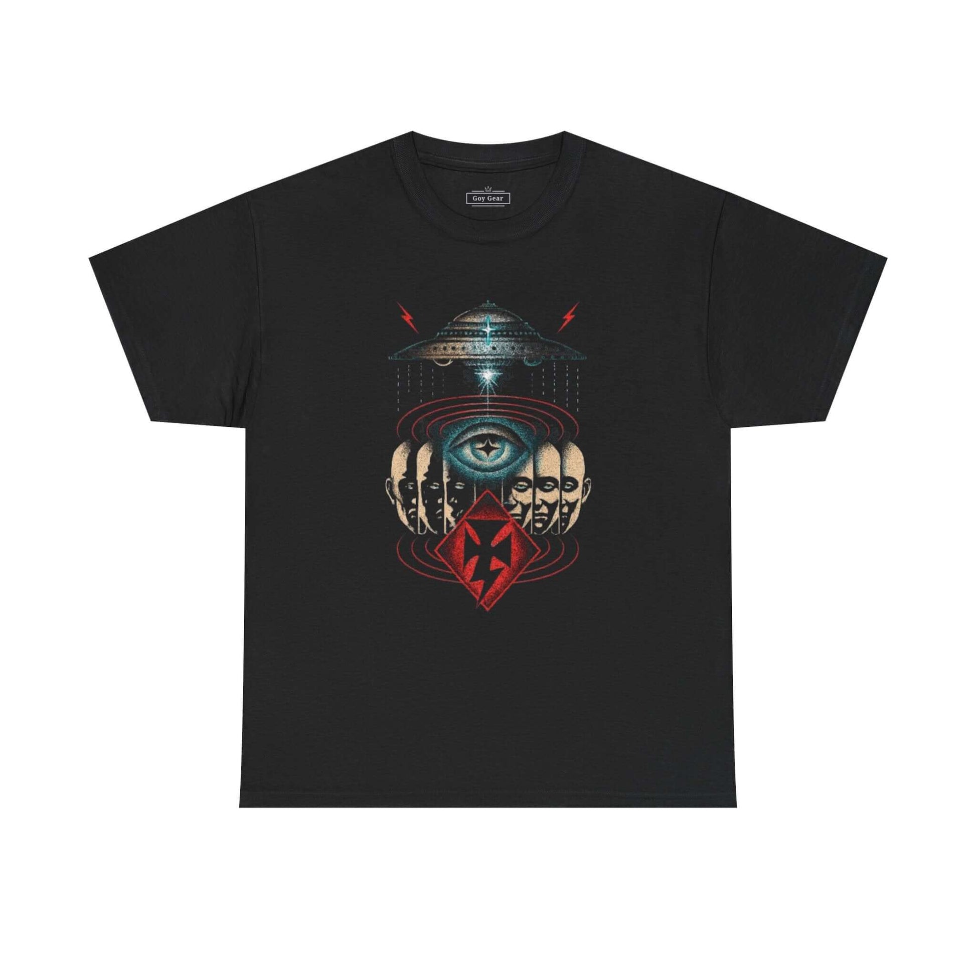 Black t-shirt with a graphic design featuring an eye, hand, and UFO on a white background