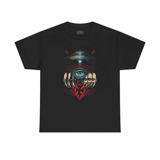 Black t-shirt with a graphic design featuring an eye, hand, and UFO on a white background