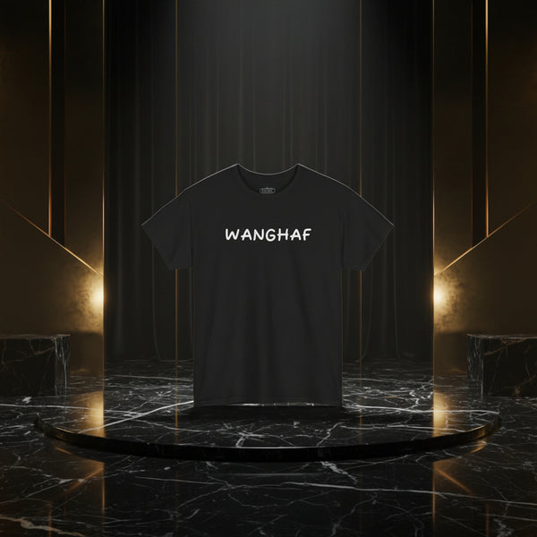 Black t-shirt with 'WANGHAF' text on a white background