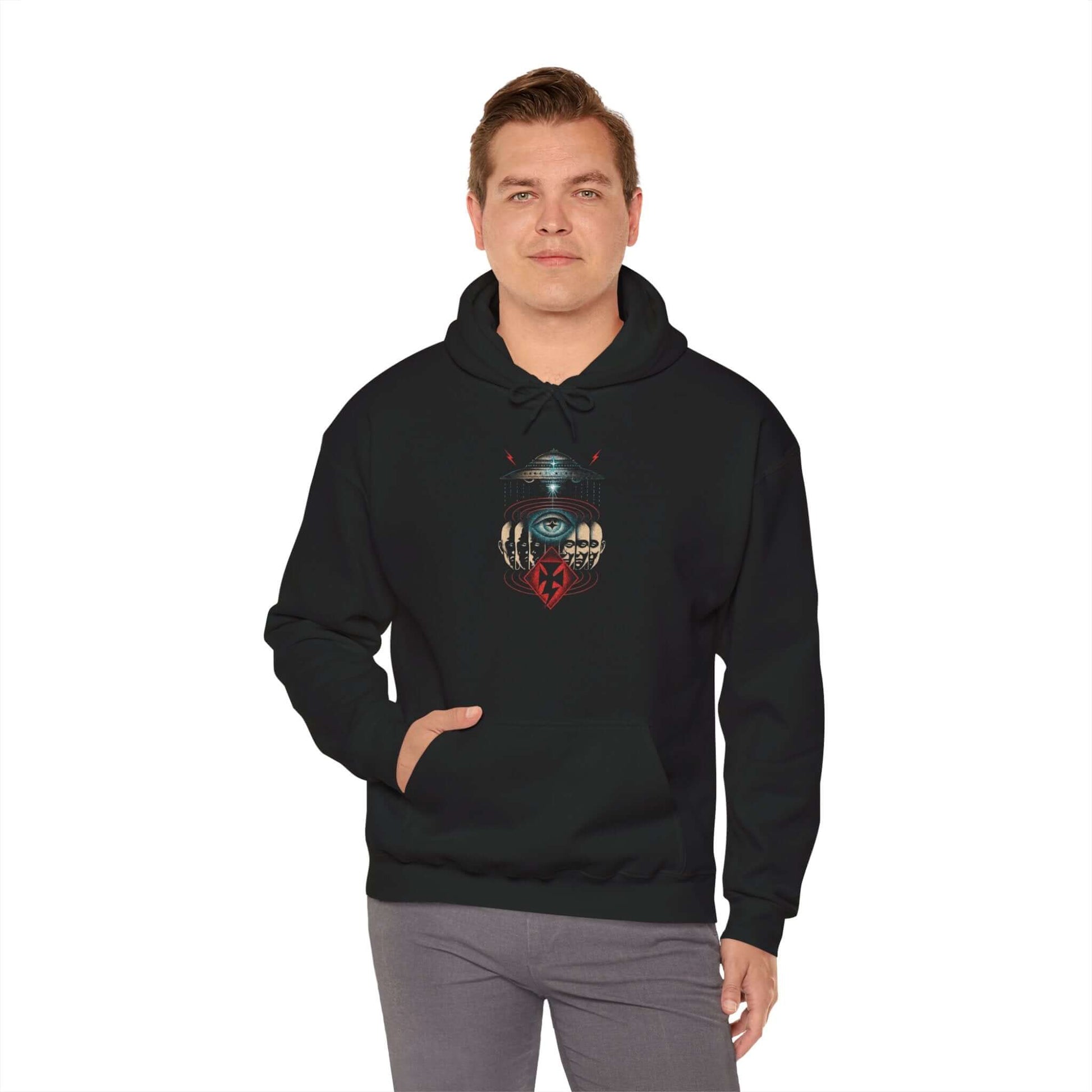 Man wearing a cozy unisex black hooded sweatshirt with Mystical Eye design for comfort and style.