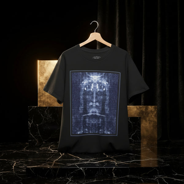 Black t-shirt with a blue graphic design on a wooden hanger against a white background