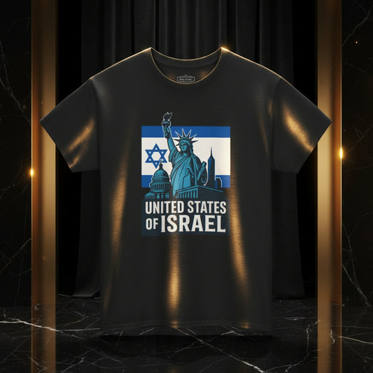 Black t-shirt with 'United States of Israel' graphic design featuring the Statue of Liberty and Israeli flag.