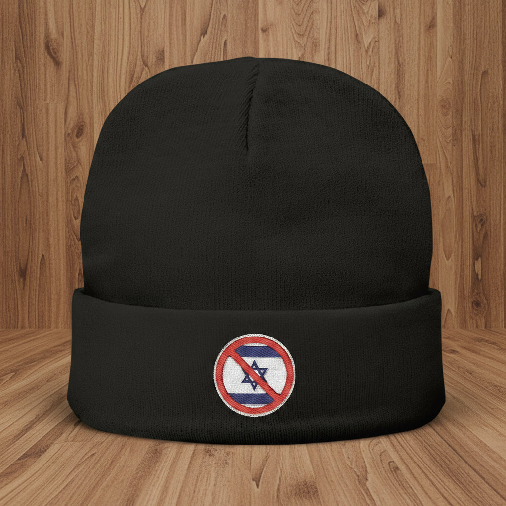 Black beanie with a circular emblem featuring a red circle and blue lines on a white background