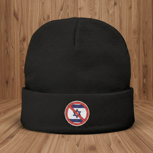Black beanie with a circular emblem featuring a red circle and blue lines on a white background