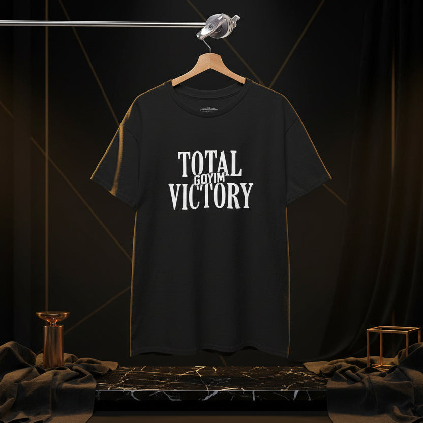 Black t-shirt with 'TOTAL GOYIM VICTORY' text on a hanger against a white background
