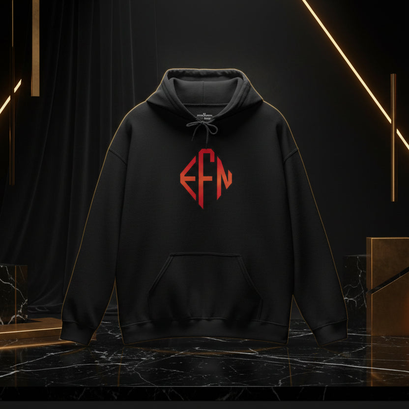 Black hoodie with red monogram on a white background