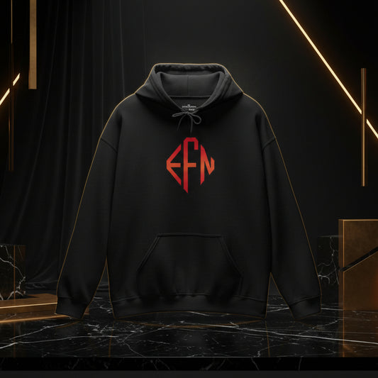 Black hoodie with red monogram on a white background