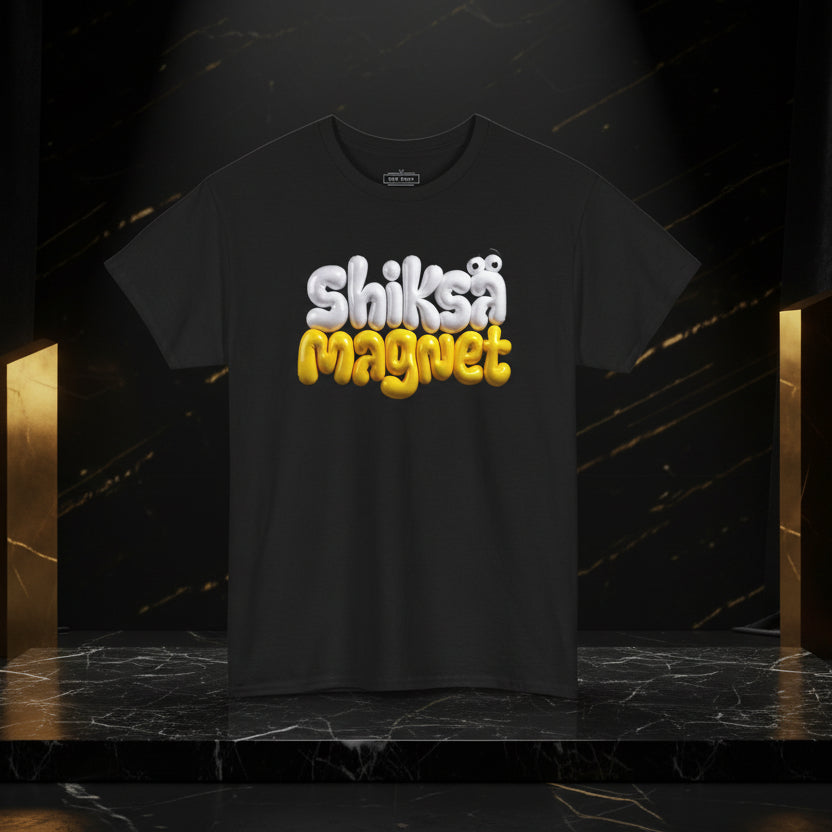 Black t-shirt with colorful text 'Shiksa Magiquest' on a white background