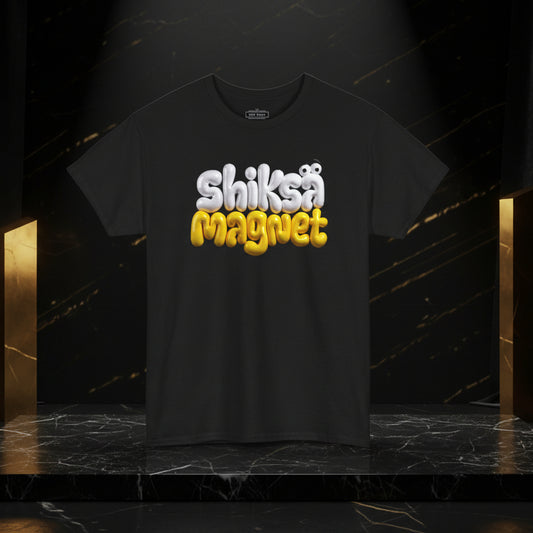 Black t-shirt with colorful text 'Shiksa Magiquest' on a white background