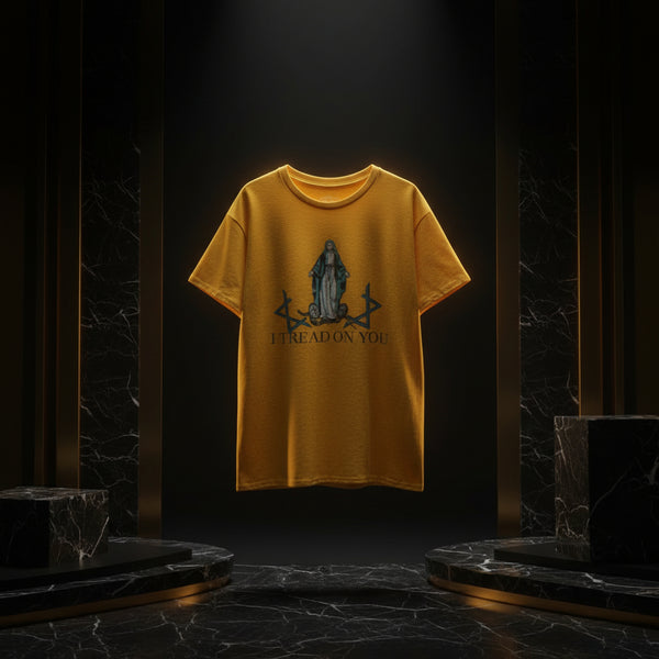 Yellow t-shirt with graphic design and text on a hanger against a white background