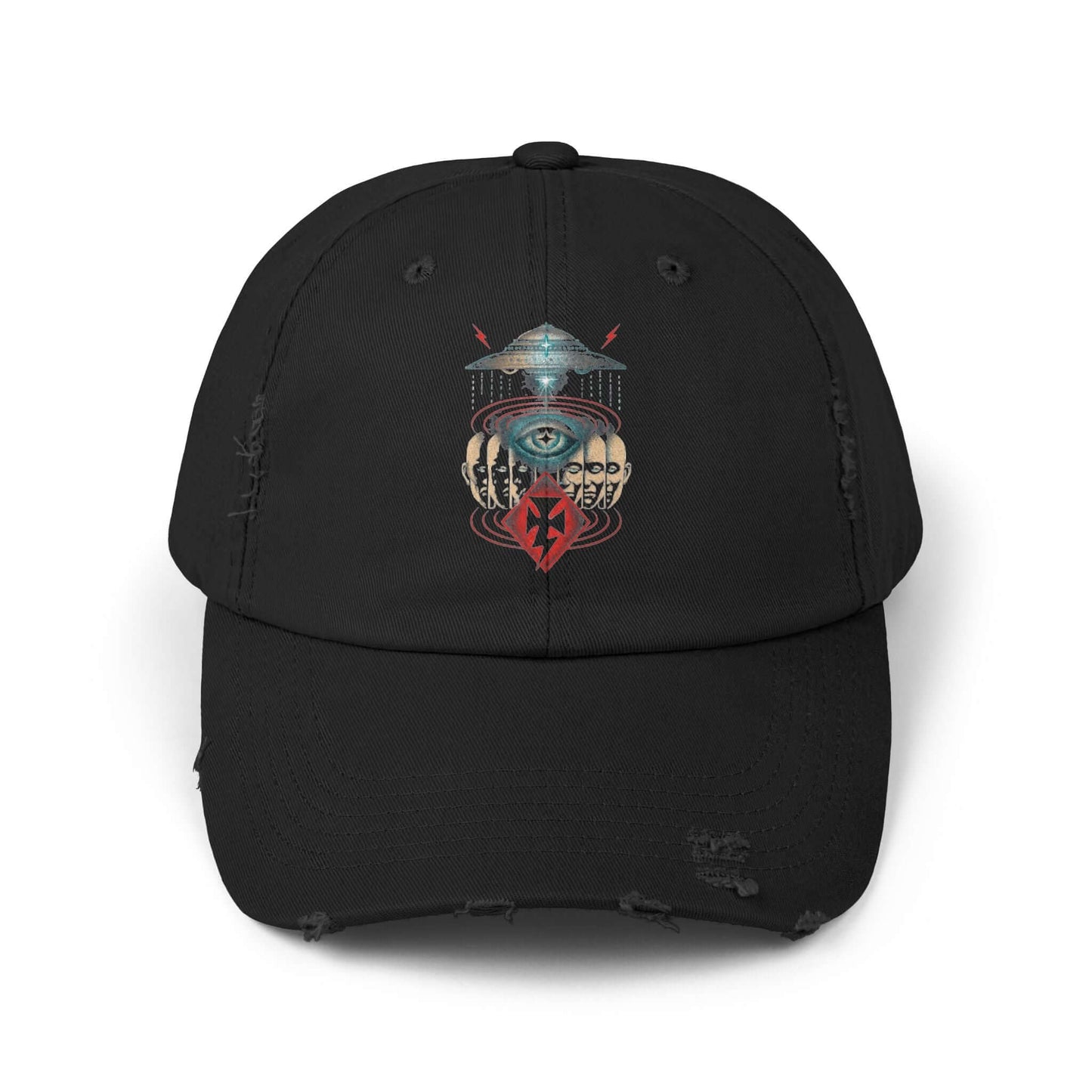 Mystical Eye Unisex Distressed Cap featuring a vintage-inspired design and unique graphics for a stylish look.