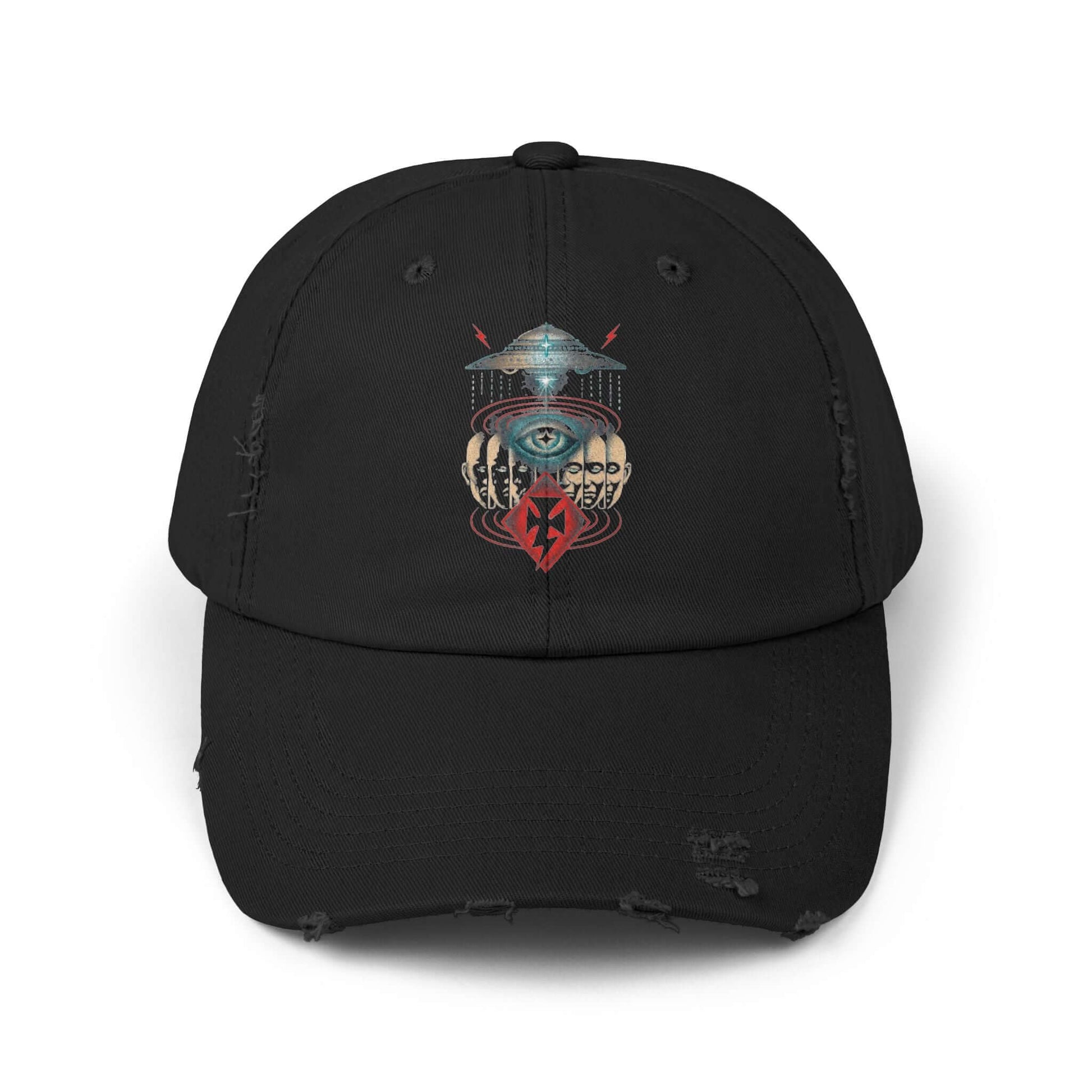Mystical Eye Unisex Distressed Cap featuring a vintage-inspired design and unique graphics for a stylish look.