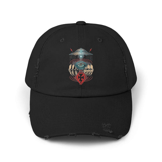 Mystical Eye Unisex Distressed Cap featuring a vintage-inspired design and unique graphics for a stylish look.