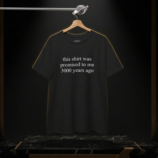 Black t-shirt with humorous text on a hanger against a white background