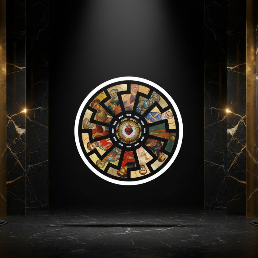 Decorative circular design with tarot card symbols on a dark stage-like background