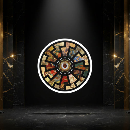 Decorative circular design with tarot card symbols on a dark stage-like background