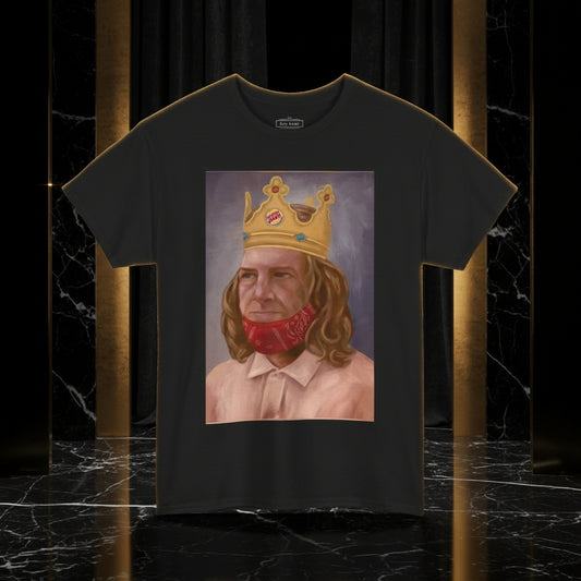 Black t-shirt with a graphic of a person wearing a crown and red bandana on a white background