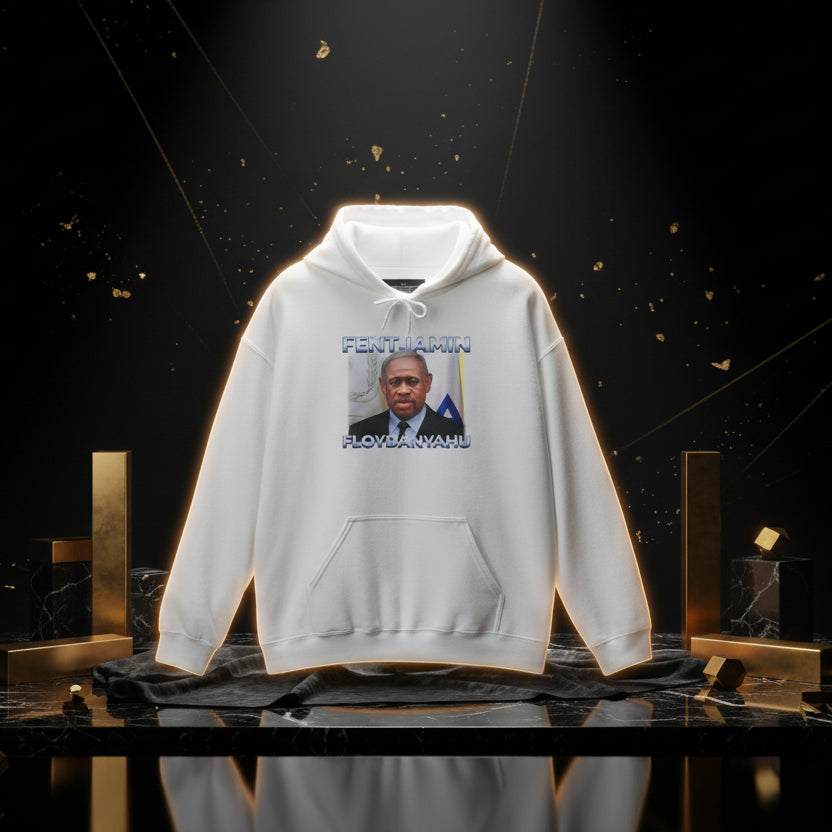 White hoodie with a graphic of a man's face and text on a white background