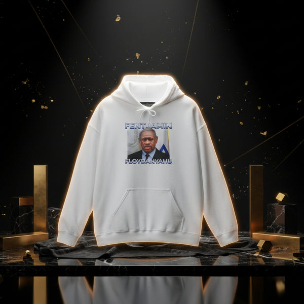 White hoodie with a graphic of a man's face and text on a white background