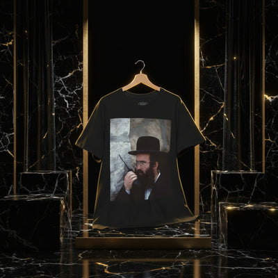 Black t-shirt with a printed design of a man with glasses and a beard on a wooden hanger against a white background.