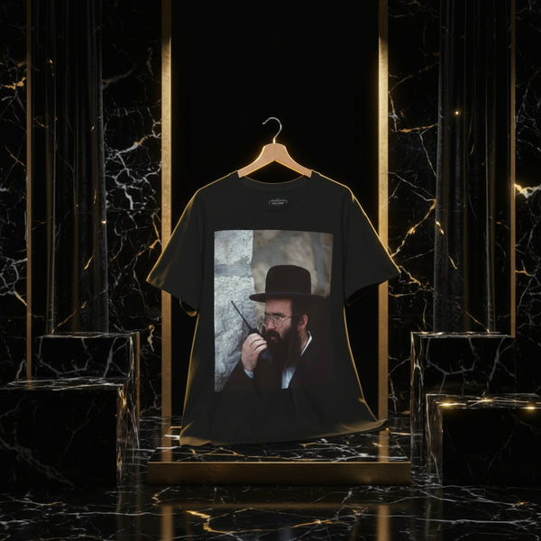 Black t-shirt with a printed design of a man with glasses and a beard on a wooden hanger against a white background.