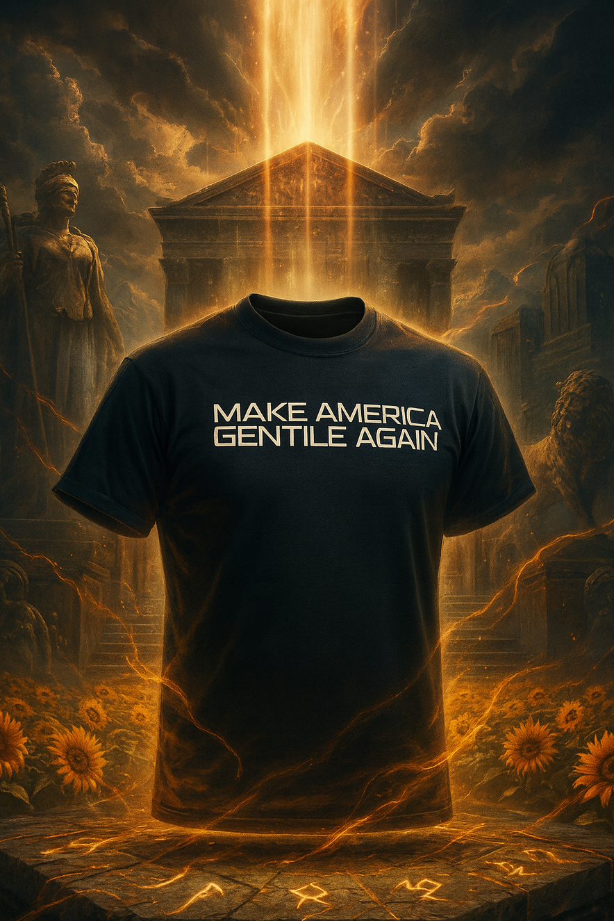 T-shirt with 'MAKE AMERICA GENTILE AGAIN' text in a mystical setting with glowing light and statues.