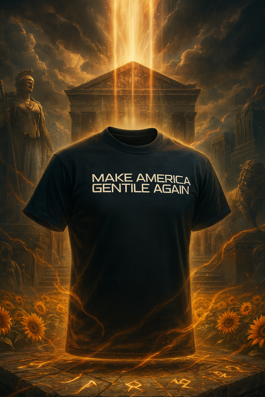T-shirt with 'MAKE AMERICA GENTILE AGAIN' text in a mystical setting with glowing light and statues.